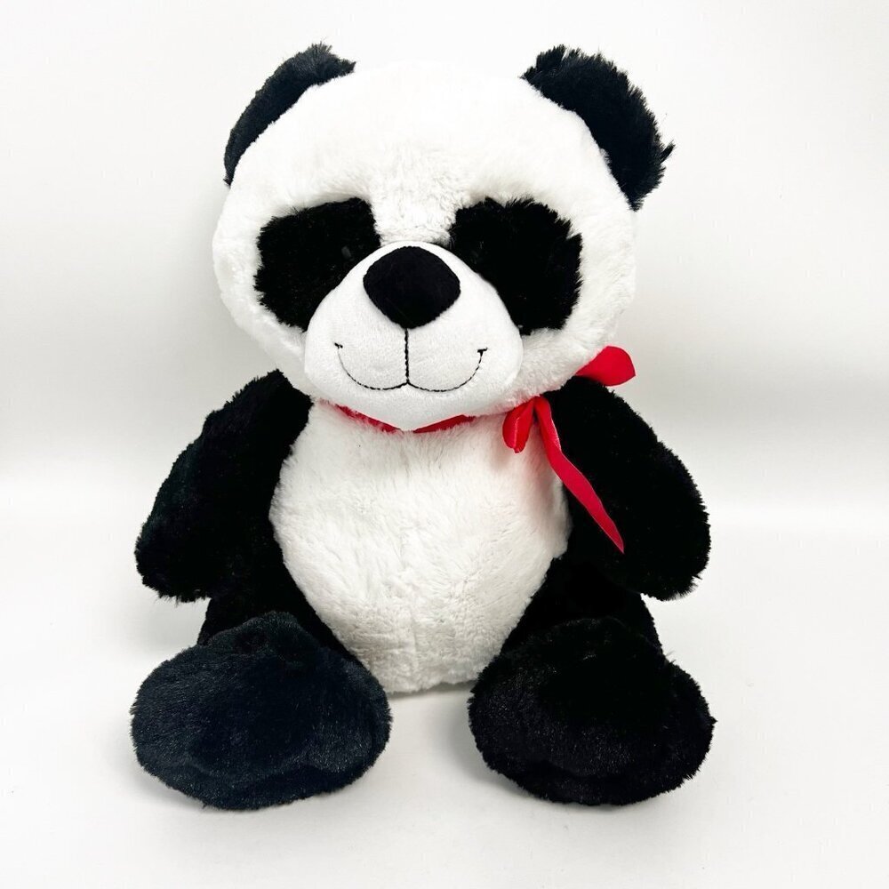 2017 Animal Adventure Black White Panda Bear With Red Bow Plush Toy